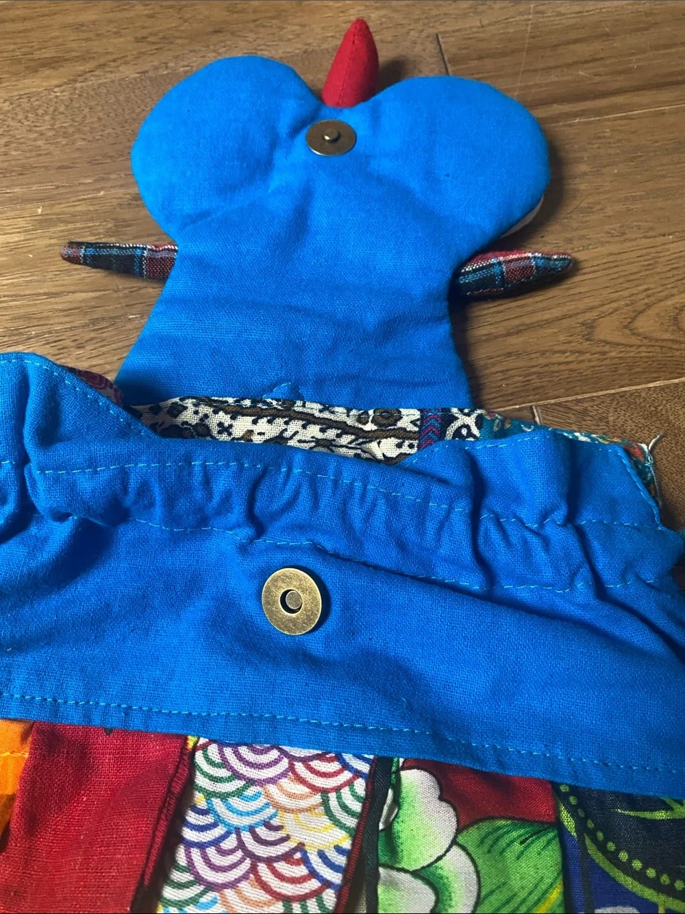 Bright Blue Kids Owl Drawstring Backpack with Multicolor Patchwork Feathers